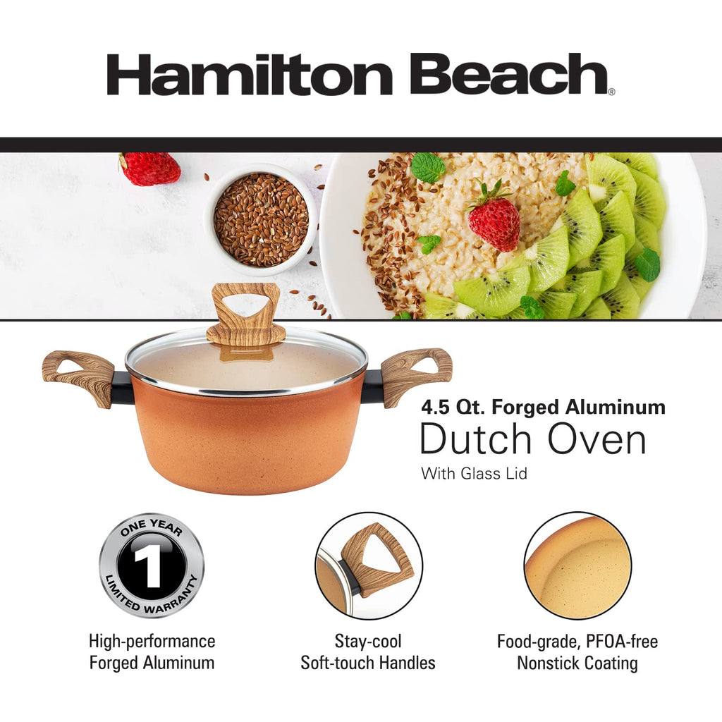 Hamilton Beach 4.5 Qt Forged Aluminum Dutch Oven - Glass Lid with Soft-Touch Handles, PFOA-Free Nonstick Coating
