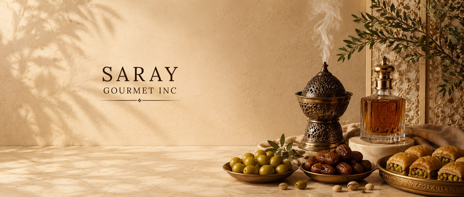 A warm, atmospheric product presentation for Saray Gourmet Inc. featuring a dark metal incense burner with rising smoke, a glass bottle of amber liquid, and trays of pastries and olives on a beige surface with decorative shadows.
