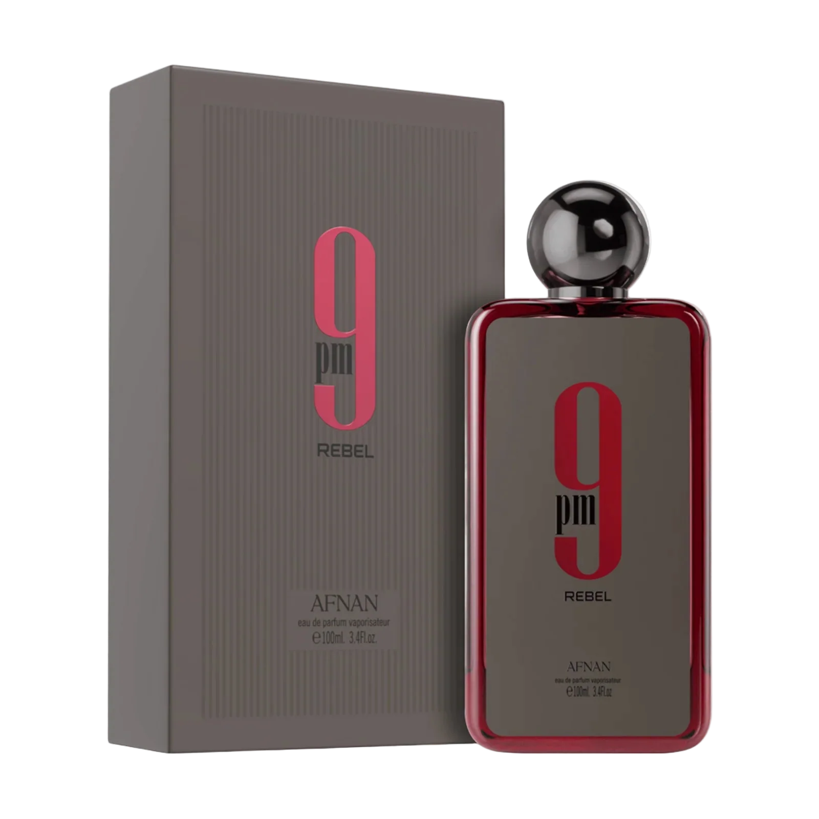 Perfume bottle and packaging of 9pin Rebel by Afshan on a white background