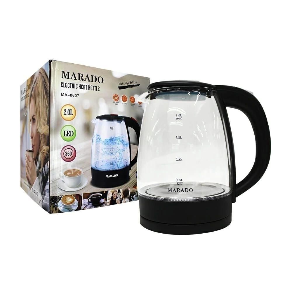 A Marado 2-liter electric kettle with a clear glass body and black base, handle, and lid, shown next to its retail packaging box on a white background.