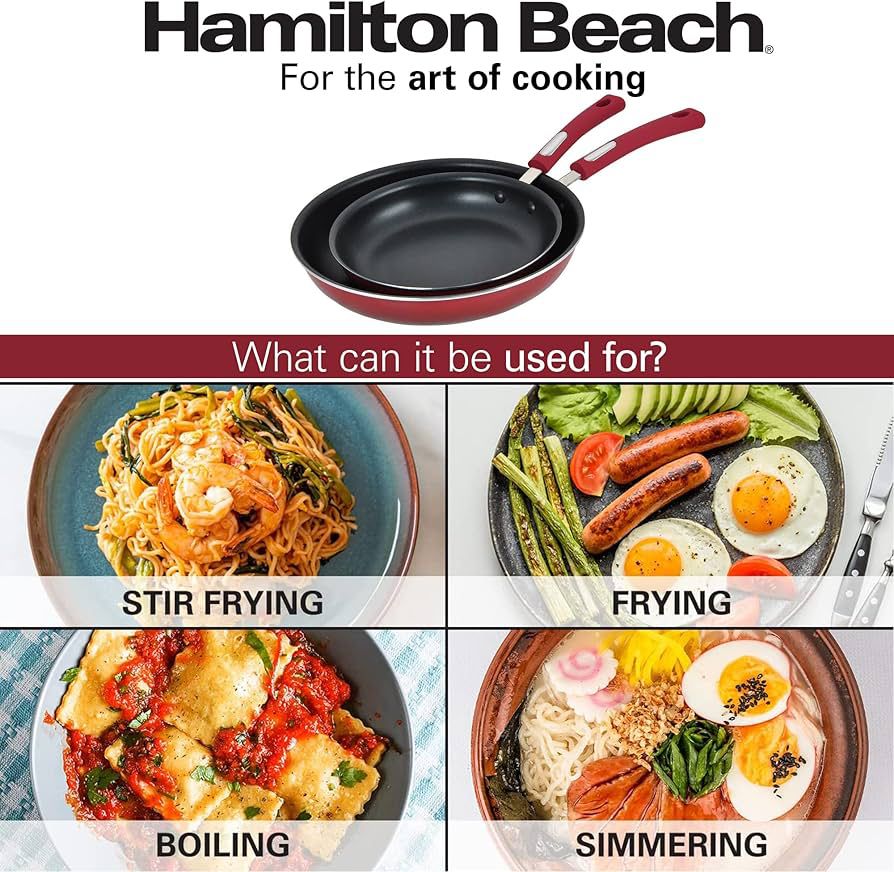 Hamilton Beach 2-Piece Red Aluminum Nonstick Fry Pan Set - Stove Top Safe Cookware, Bakelite Handle, Scratch-Resistant, Dishwasher Safe