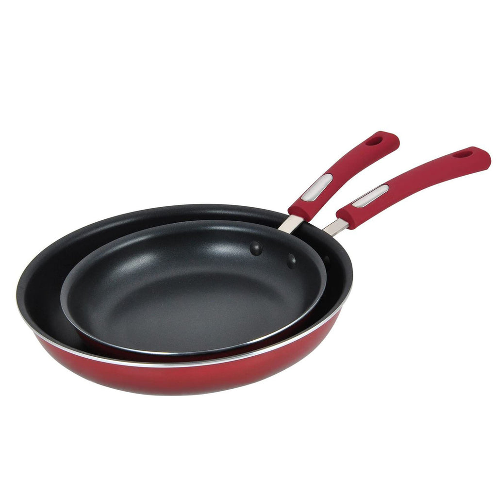 Hamilton Beach 2-Piece Red Aluminum Nonstick Fry Pan Set - Stove Top Safe Cookware, Bakelite Handle, Scratch-Resistant, Dishwasher Safe