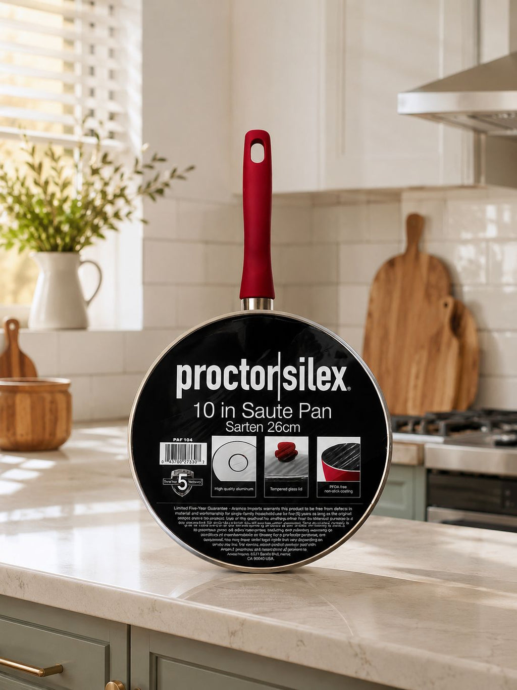 Proctor Silex 10-inch (26cm) high quality Aluminum saute pan with a tempered glass lid and a red handle