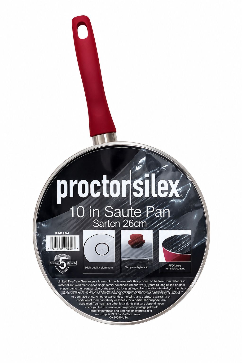 A 10-inch Proctor Silex saute pan with a red handle, shown in its retail packaging with a clear plastic wrap and a black paper label.