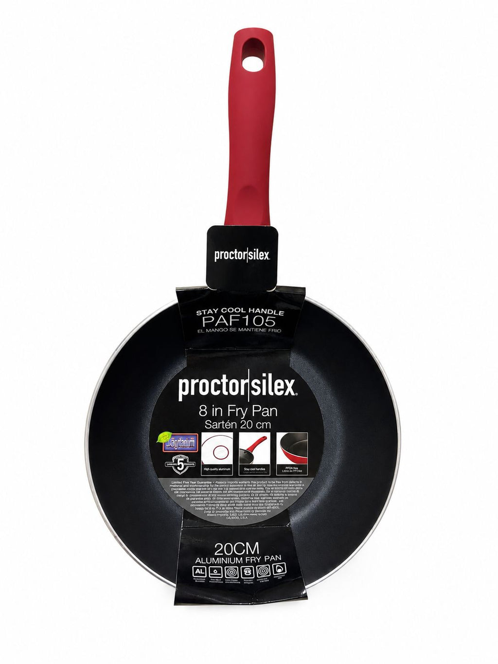 ProctorSilex 20cm (8-inch) non-stick aluminum fry pan with a red handle, shown with its retail packaging on a white background.