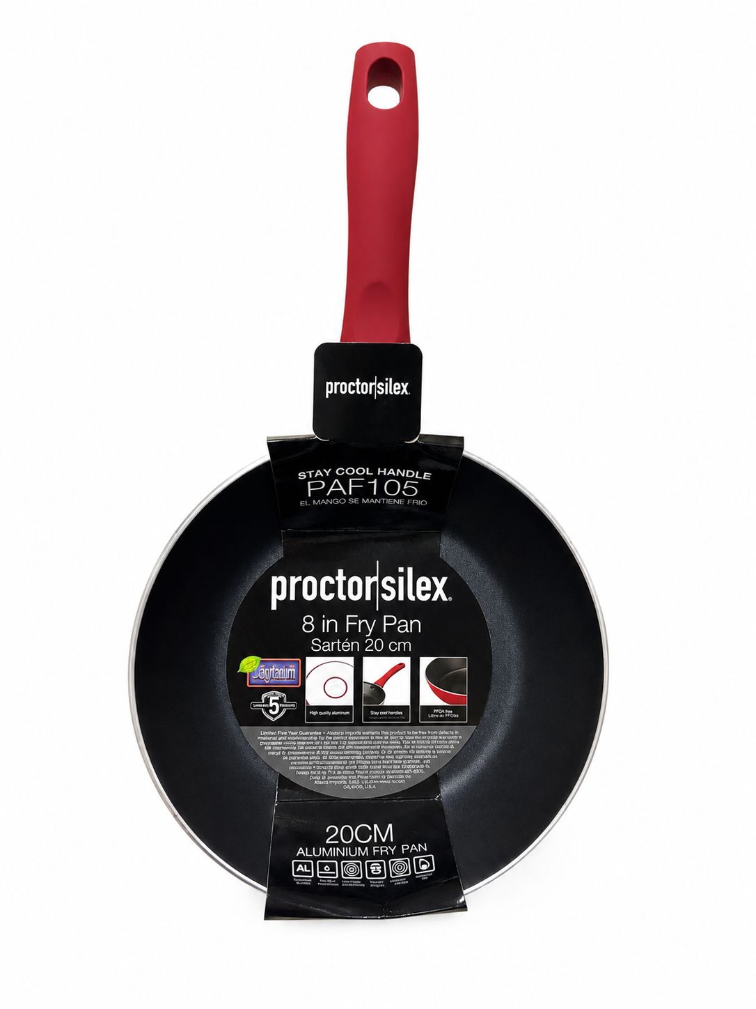 ProctorSilex 20cm (8-inch) non-stick aluminum fry pan with a red handle, shown with its retail packaging on a white background.